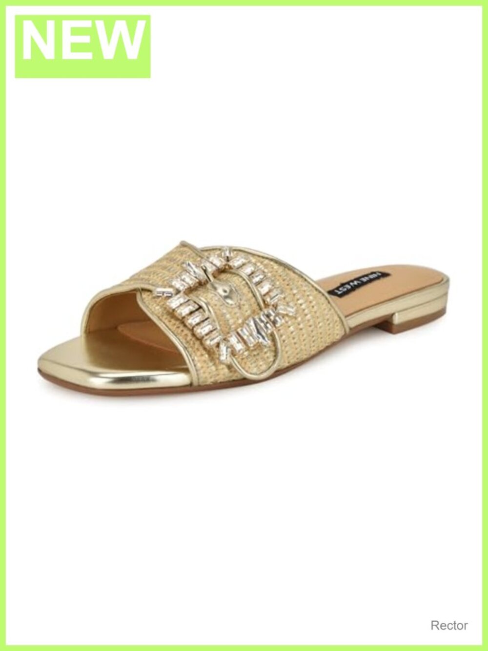 Nine West Laniey Flat Sandals Square Toe Slip-On Faux Leather Women's Shoes